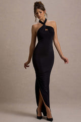 Jaiya | Black Ruched Halter-Neck Asymmetric Maxi Dress