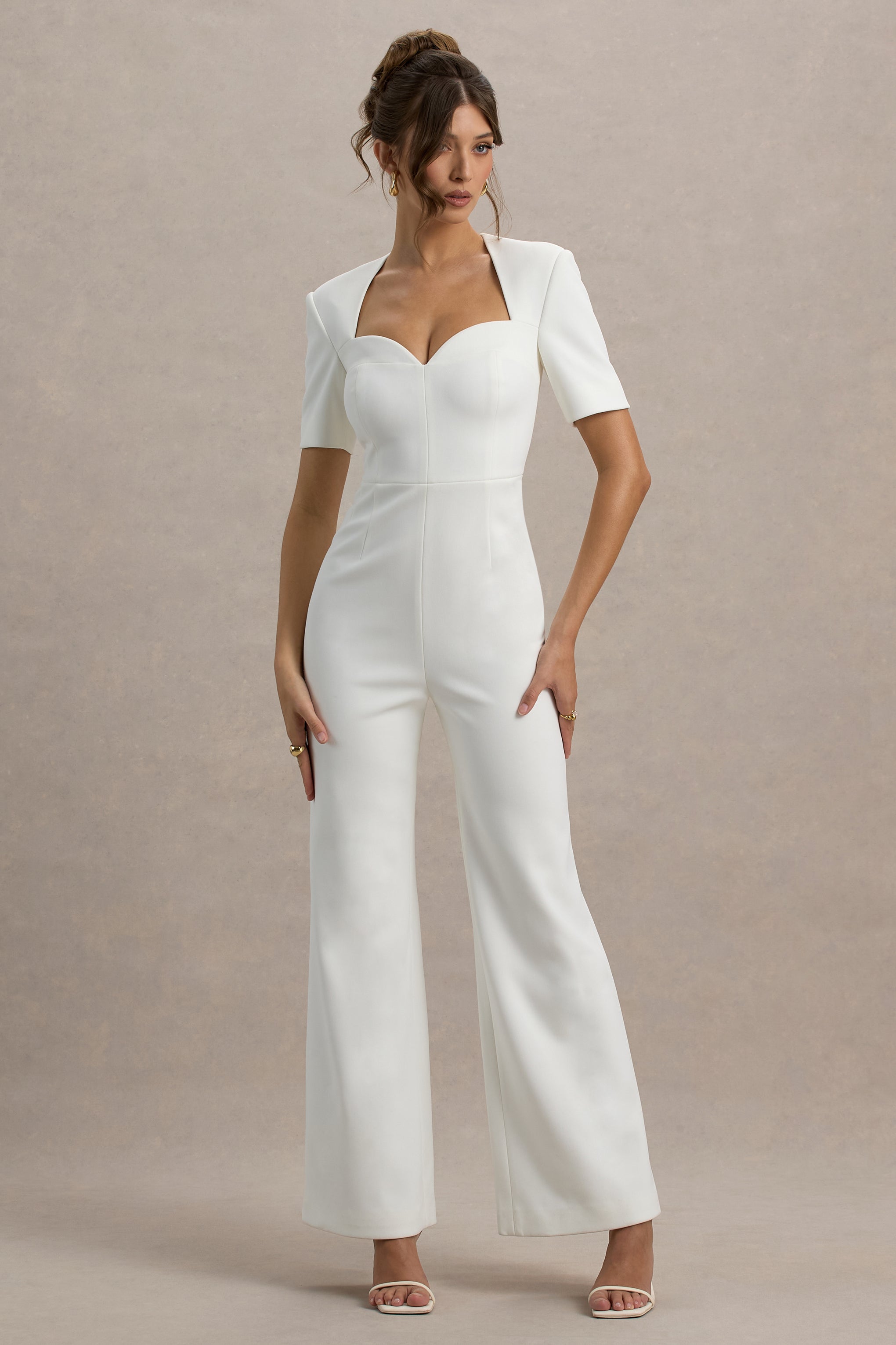 Simone | White Sweetheart Short-Sleeve Wide-Leg Jumpsuit