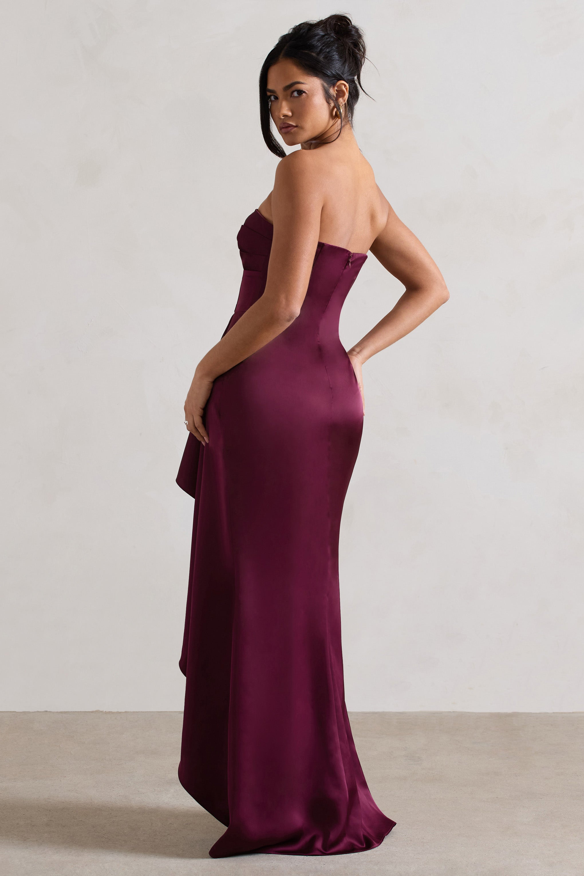 Ace | Plum Satin Bandeau Split Maxi Dress With Ruffle Drape