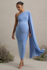 Amaryllis | Powder Blue Maternity One Shoulder Maxi Dress with Cape Sleeve