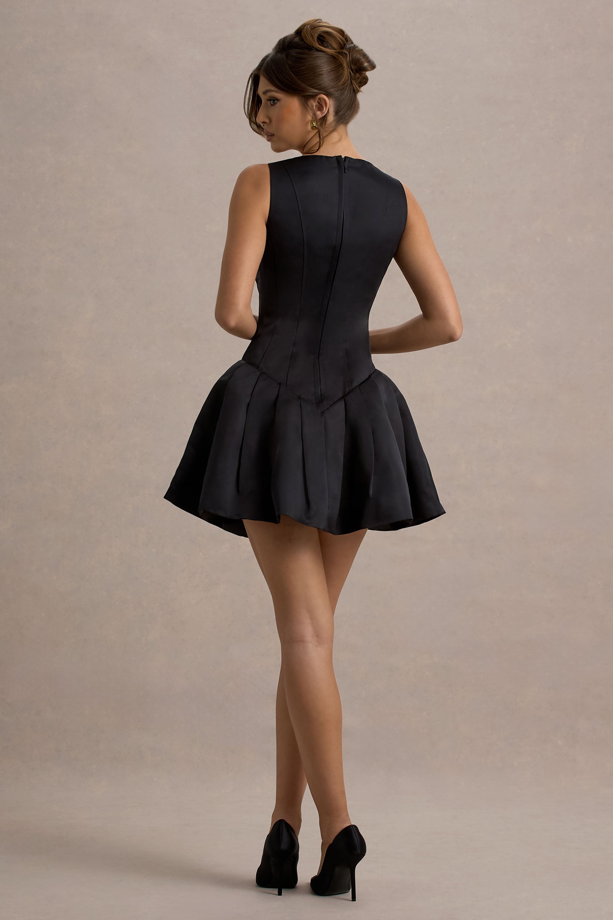 Bramble | Black Satin Square-Neck Puffball Mini Dress