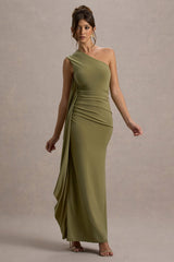 Adelina | Olive One-Shoulder Maxi Dress With Drape