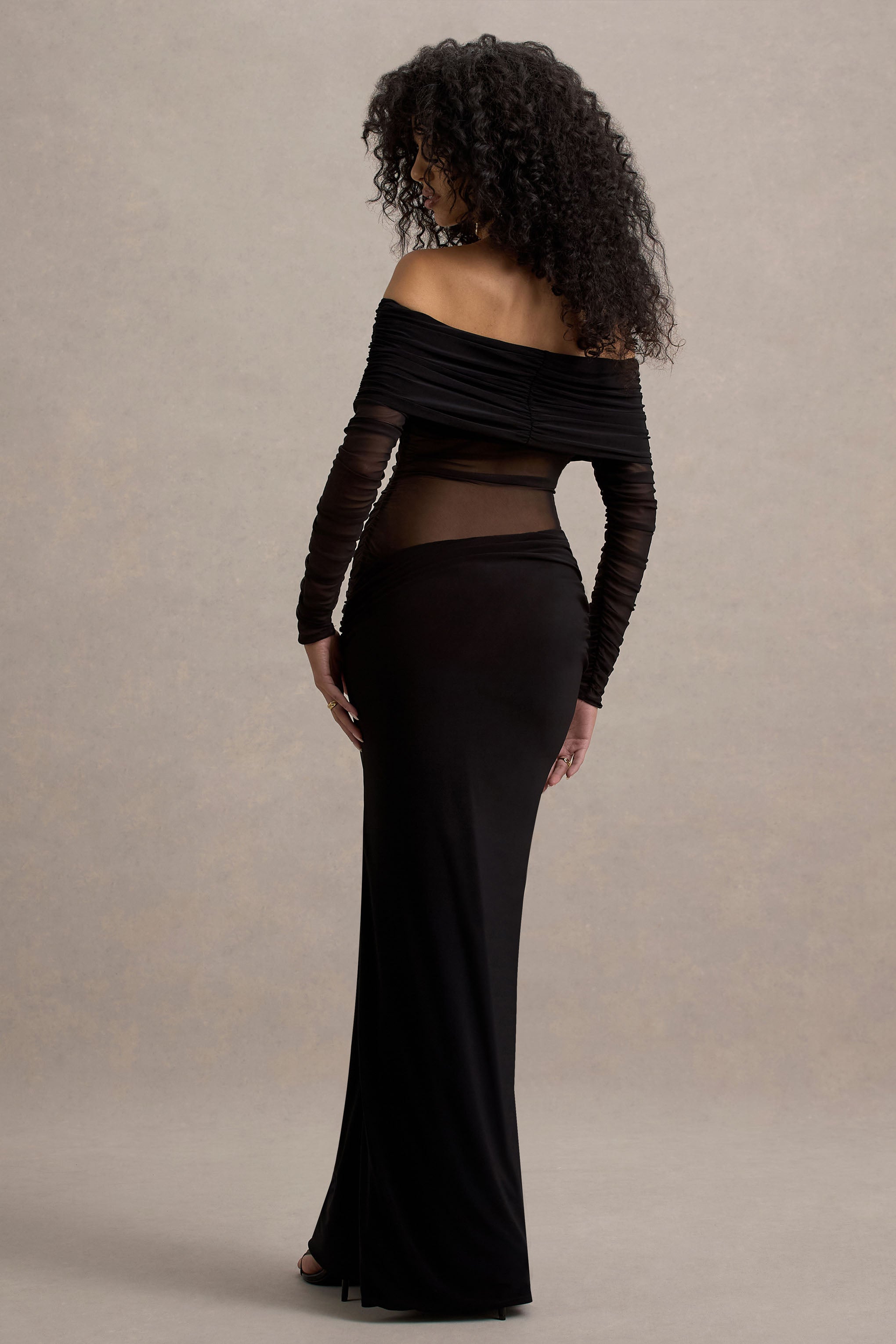 Belamour | Black Semi-Sheer Bardot Gathered Maxi Dress
