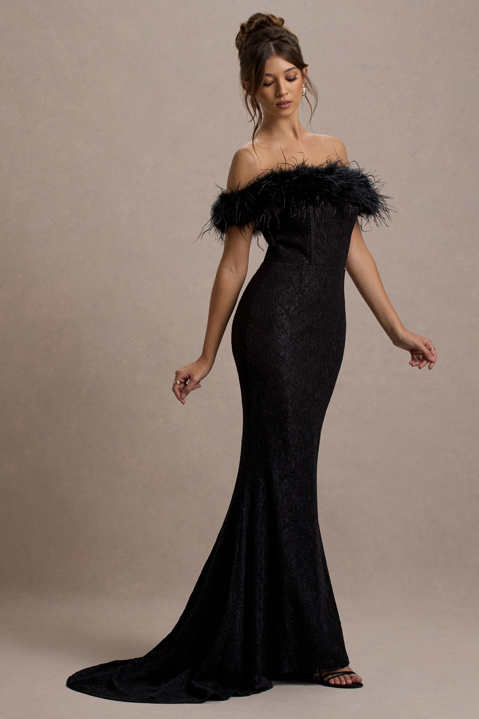 Idyll | Black Lace Bardot Feather Fishtail Maxi Dress