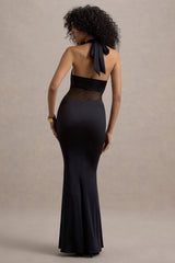 Amazonie | Black Plunge-Neck Twisted Maxi Dress With Mesh Panels