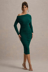 Sinclair | Bottle Green Ruched One-Shoulder Bodycon Midi Dress
