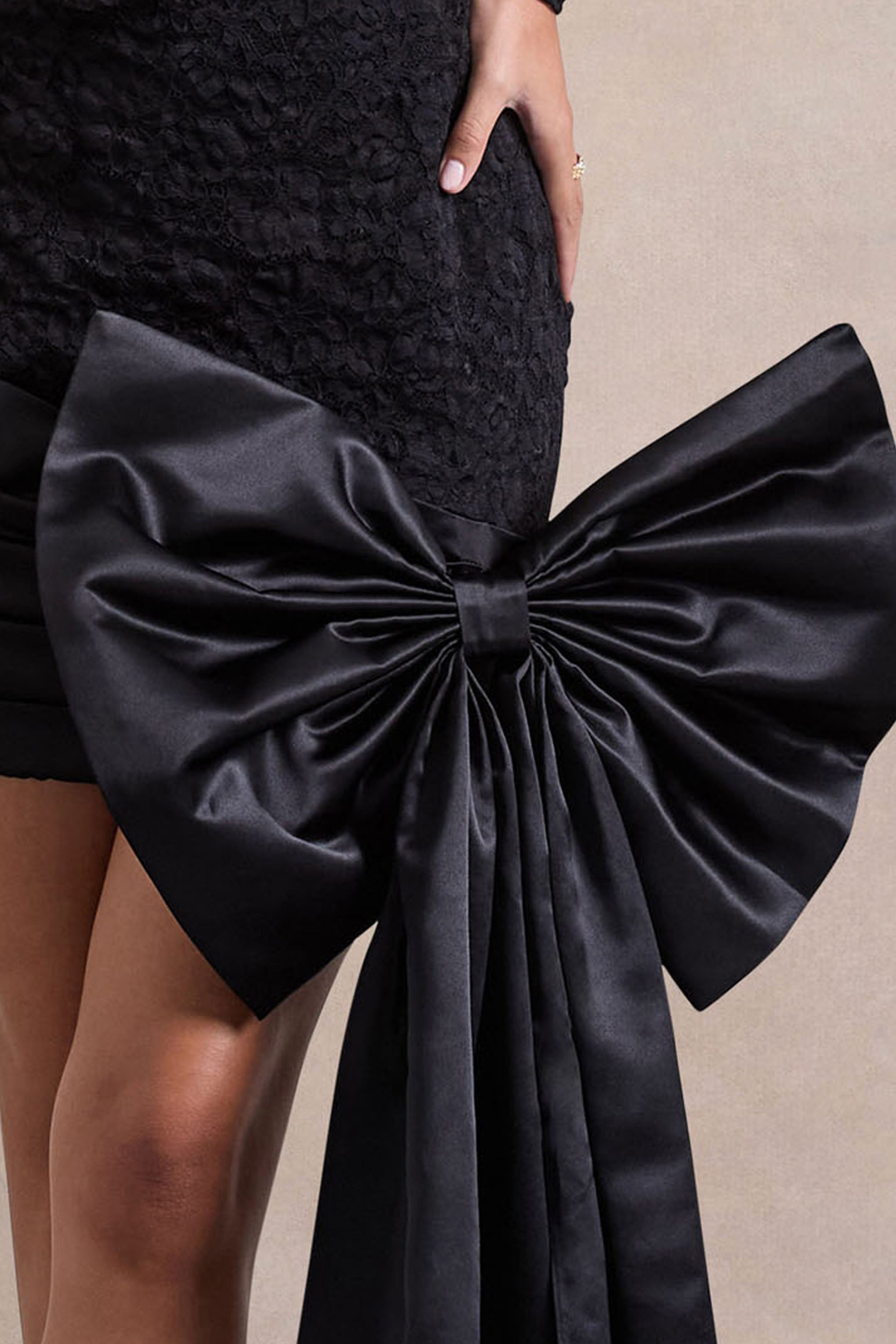 Evry | Black Lace Long-Sleeve Mini Dress With Oversized Satin Bow