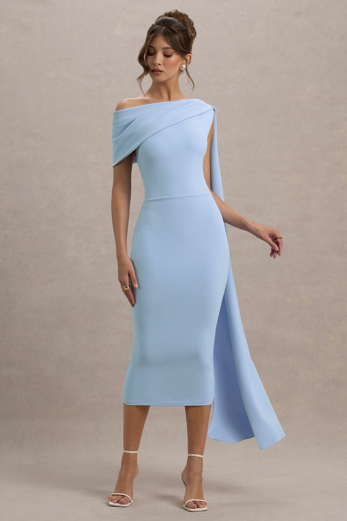 Niamh | Powder Blue Asymmetric Midi Dress With Drape
