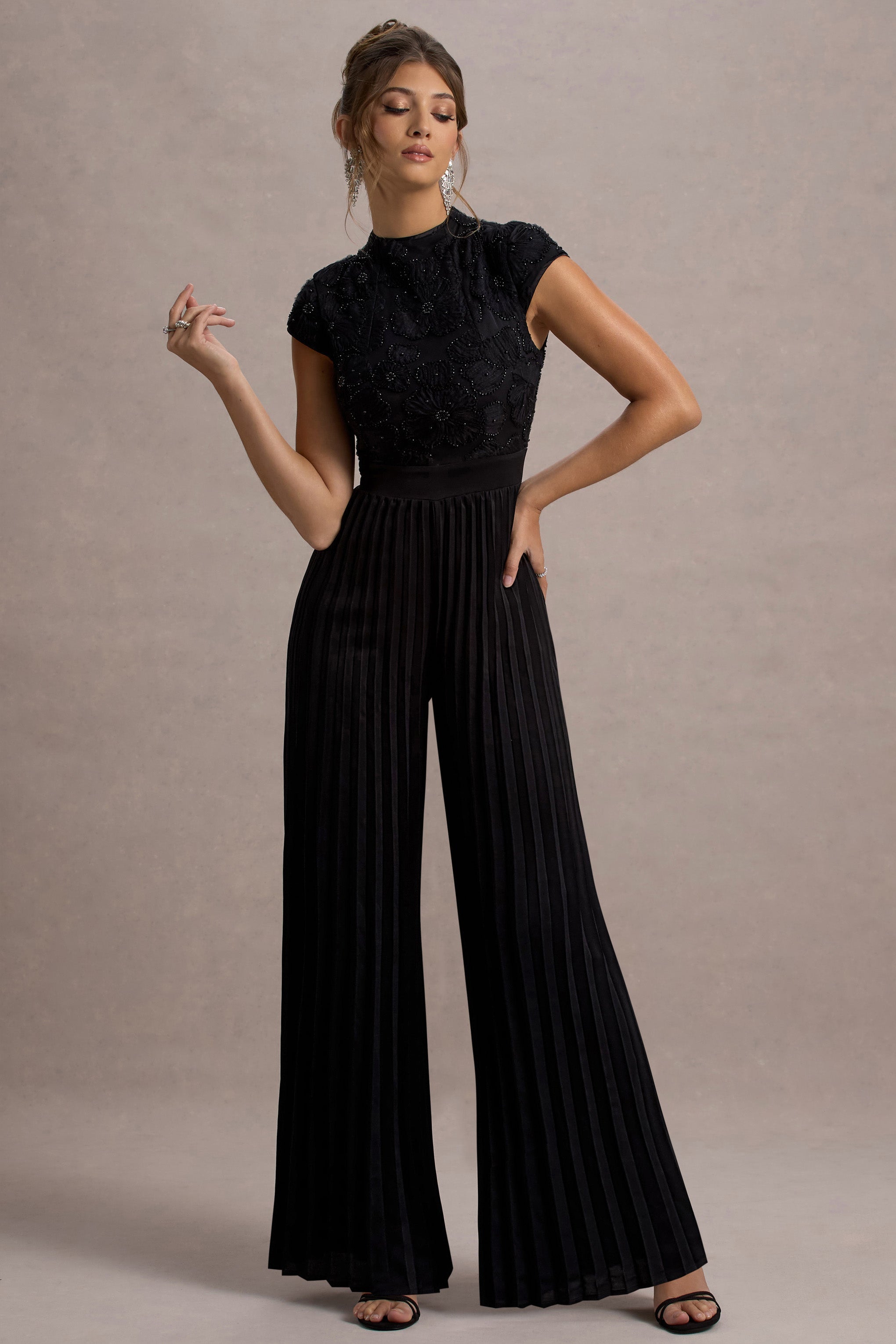 Tanner | Black Cap-Sleeve Plisse Wide-Leg Jumpsuit