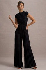 Tanner | Black Cap-Sleeve Plisse Wide-Leg Jumpsuit