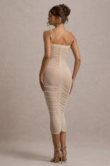 Jesi | Cream Mesh Ruched Midi Dress With Ruffles