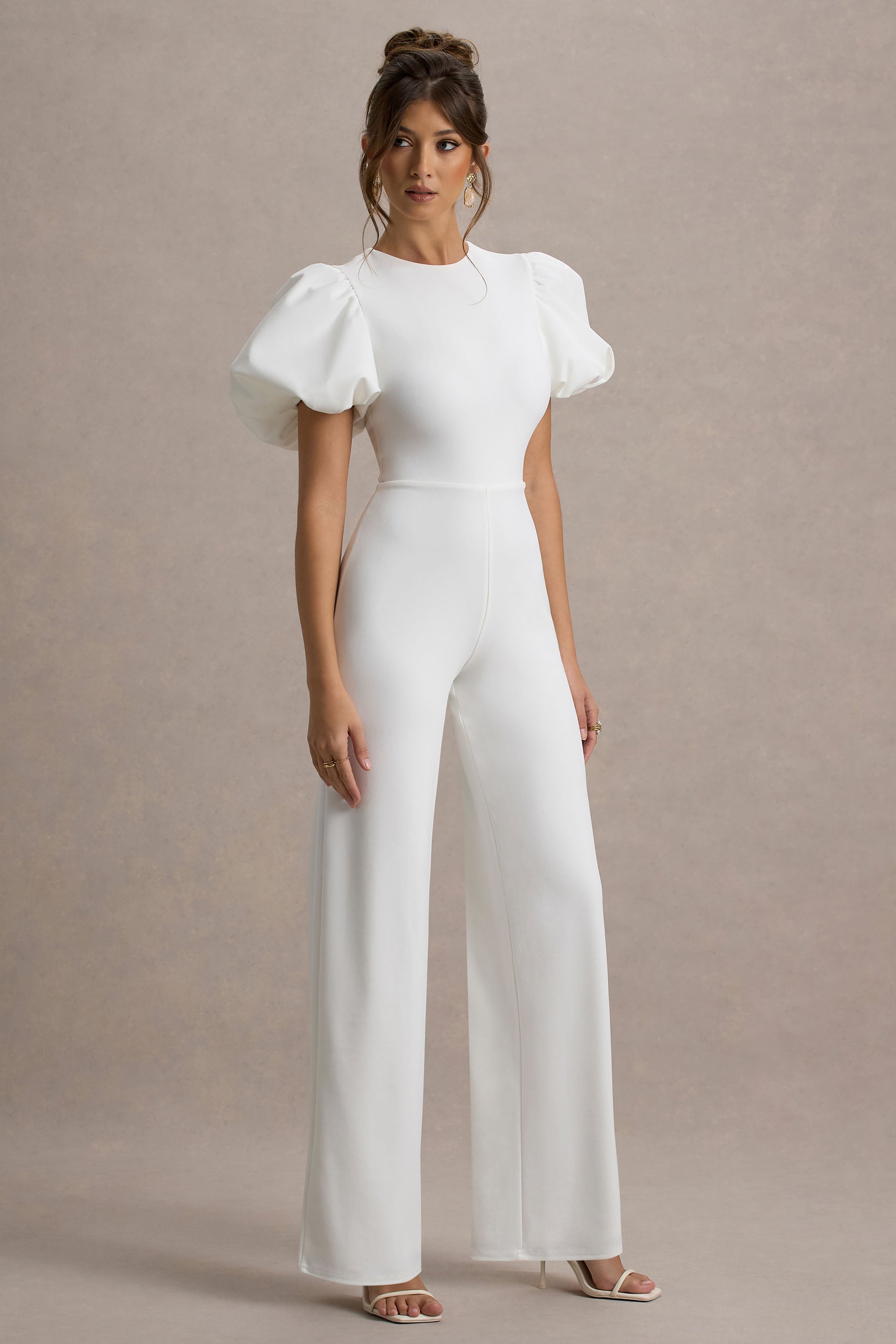 Dillon | White Puff-Sleeve Straight-Leg Jumpsuit