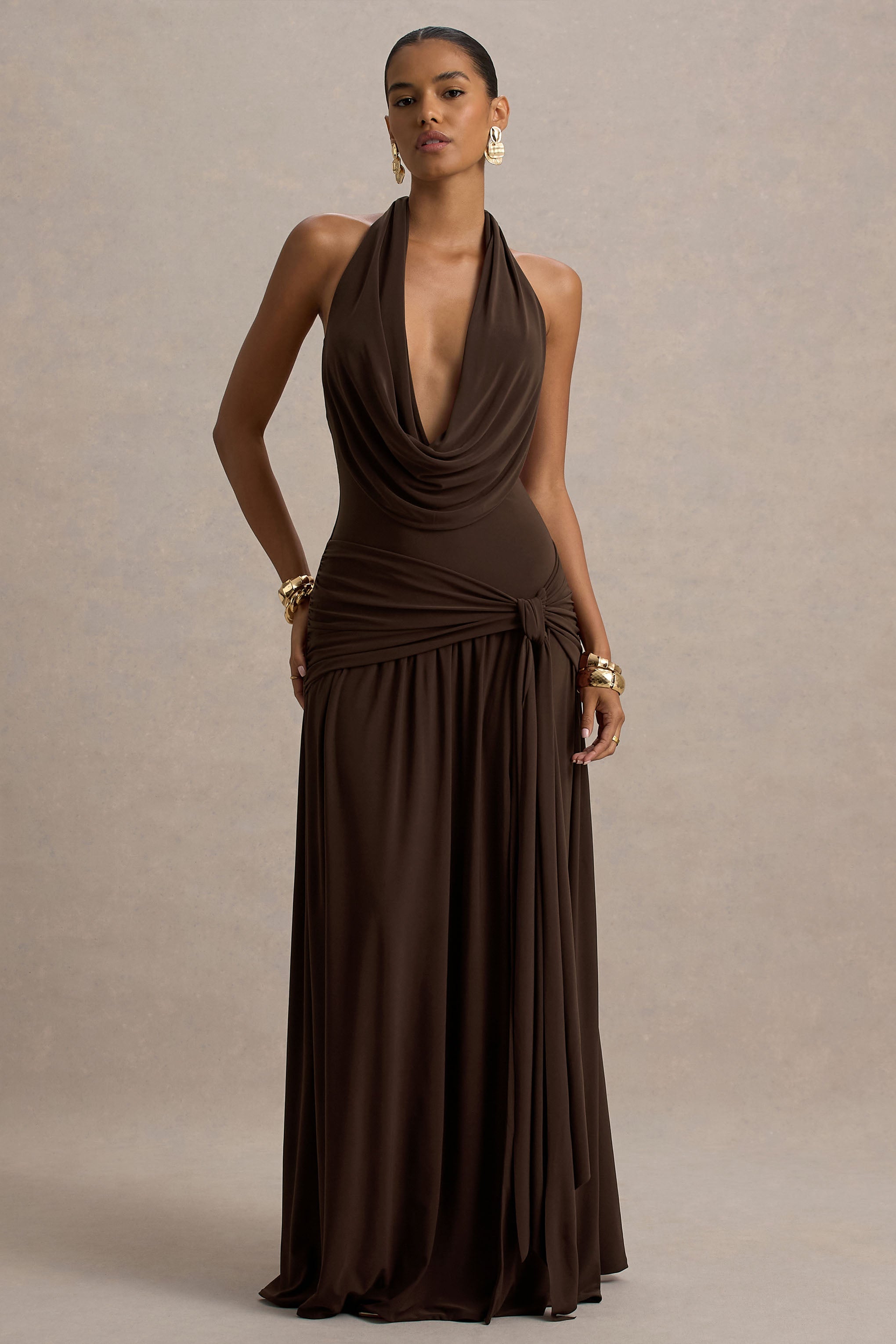 Mist | Brown Plunge-Neck Split Maxi Dress