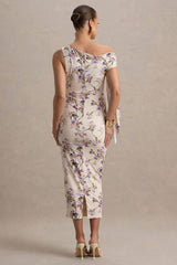 Katarine | Peach Floral Print Asymmetric Knot Maternity Midi Dress