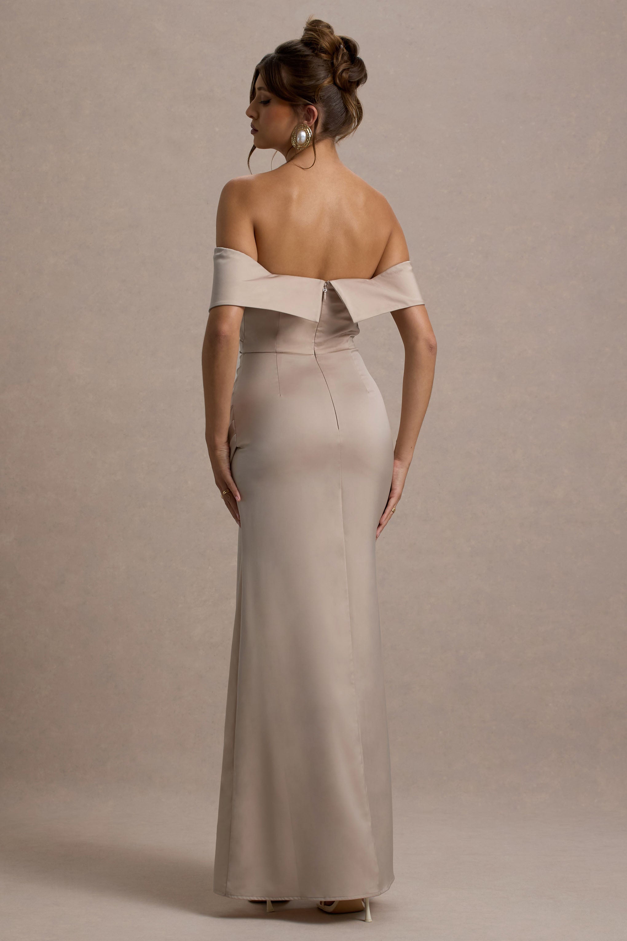 Martine | Champagne Satin Bardot Wrap Maxi Dress