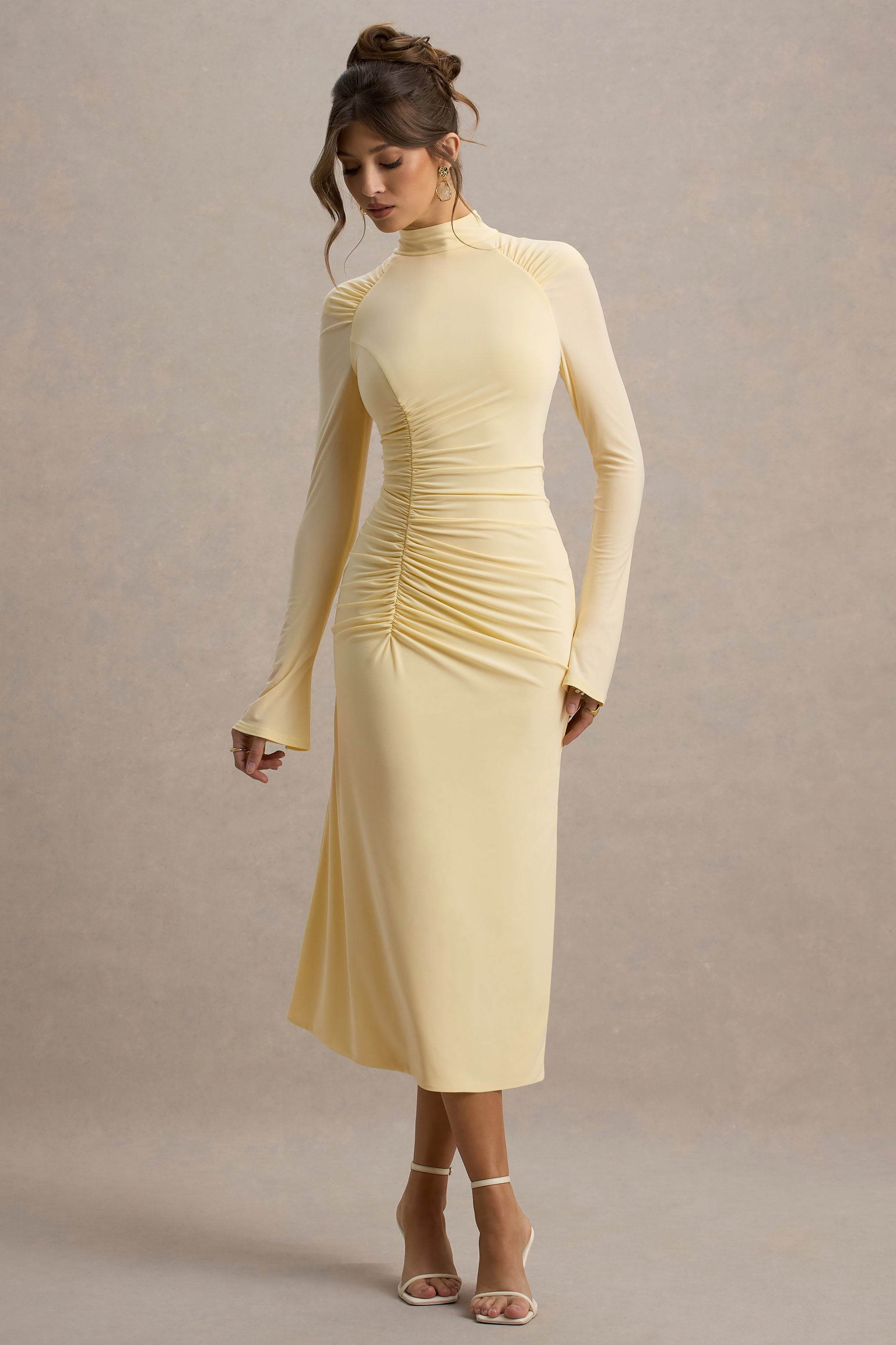 Cassandra | Pale Lemon High-Neck Long-Sleeve Midi Dress