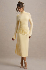 Cassandra | Pale Lemon High-Neck Long-Sleeve Midi Dress