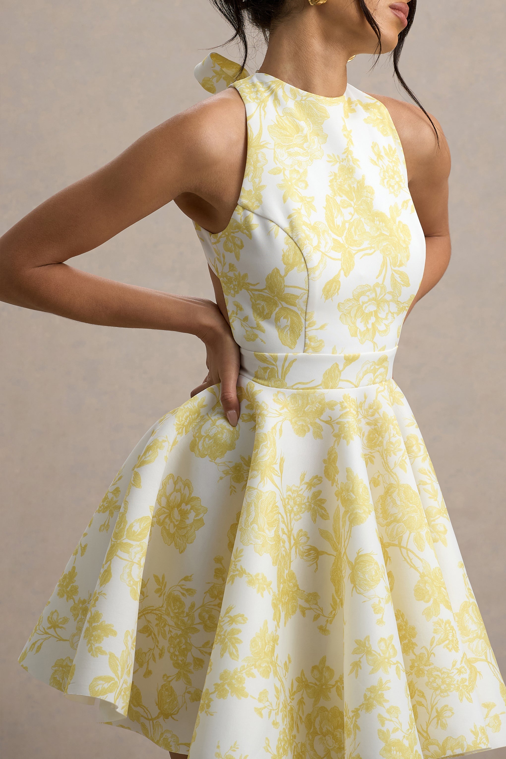 Waverly | Yellow Porcelain Print Racer-Neck Sleeveless Skater Mini Dress
