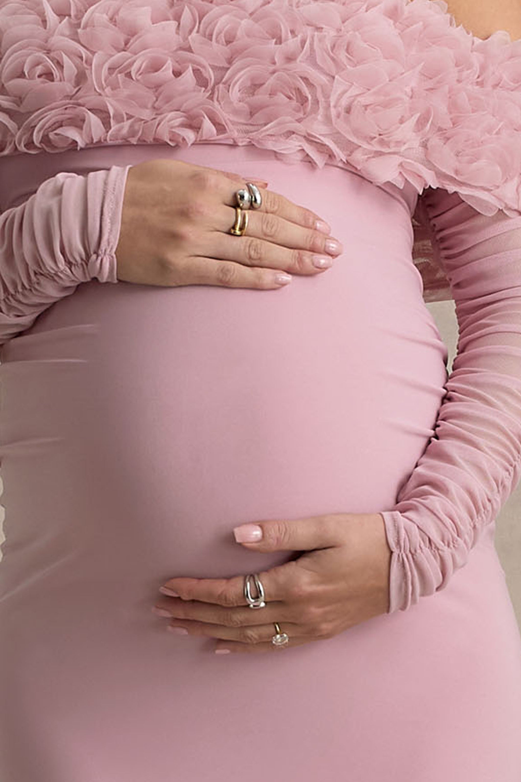 Adita | Blush Pink Mesh Floral Bardot Maternity Midi Dress