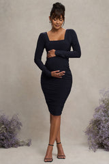New Life | Navy Maternity Square Neck Ruched Midi Dress