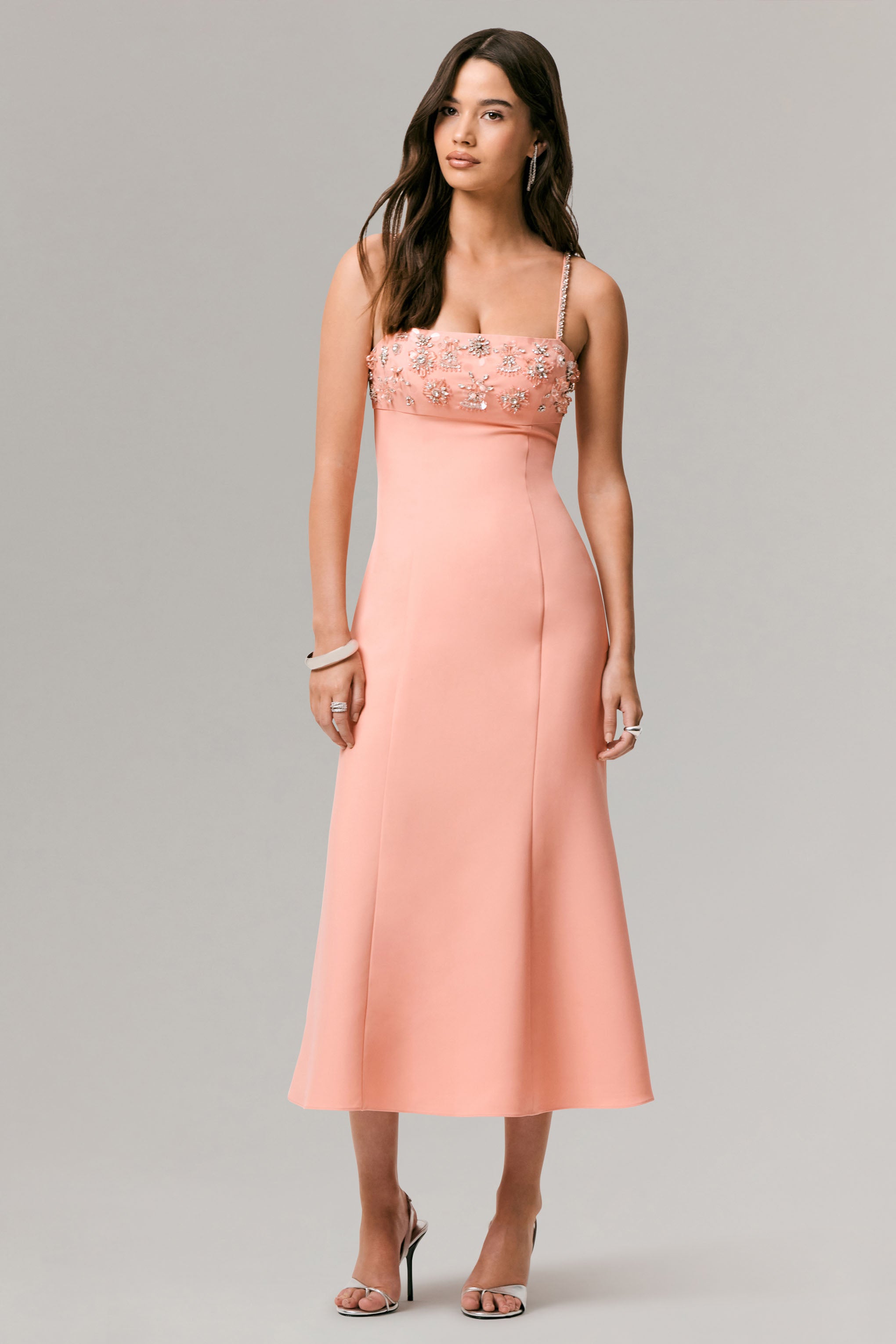 One To Remember | Coral Square-Neck Embellished Midi Dress