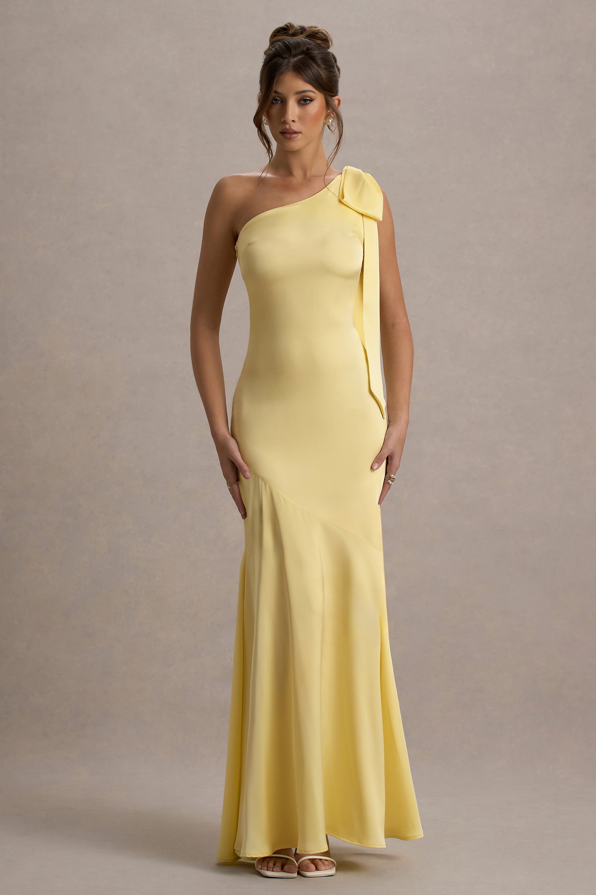 Here For Love | Pale Lemon Satin Asymmetric Maxi Dress With Bow