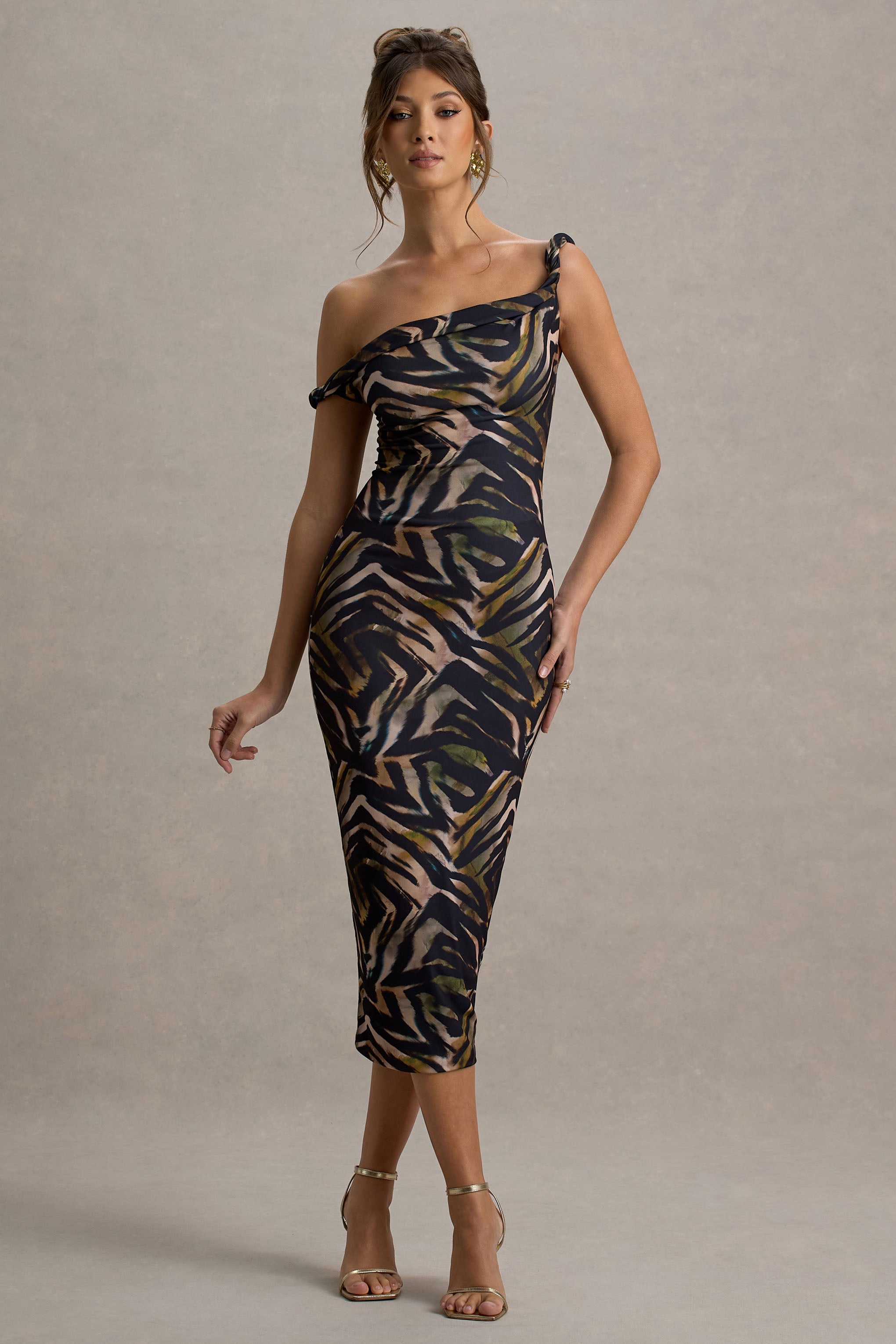 Nora | Zebra Print Twisted Asymmetric Midi Dress