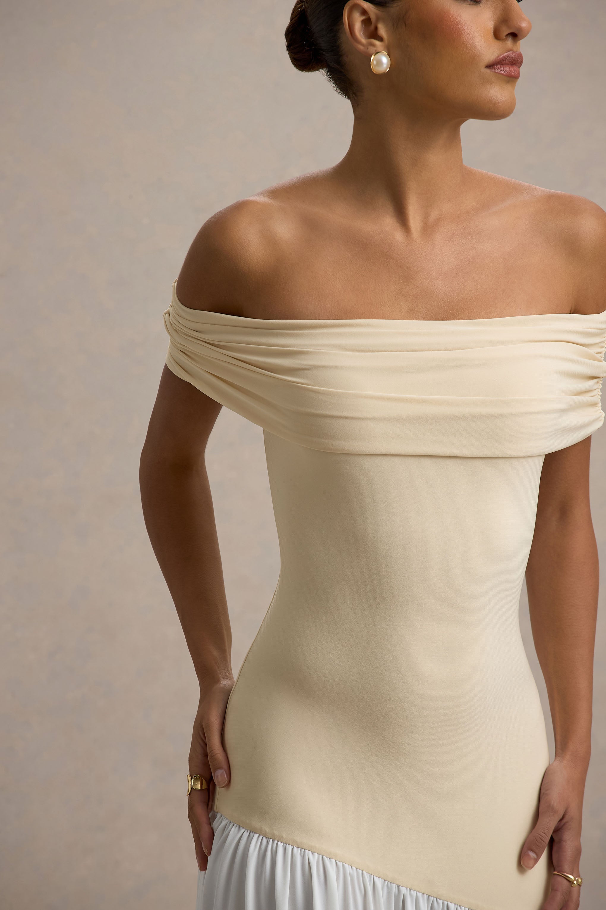 Venezia | Stone & White Bardot Puff-Skirt Maxi Dress