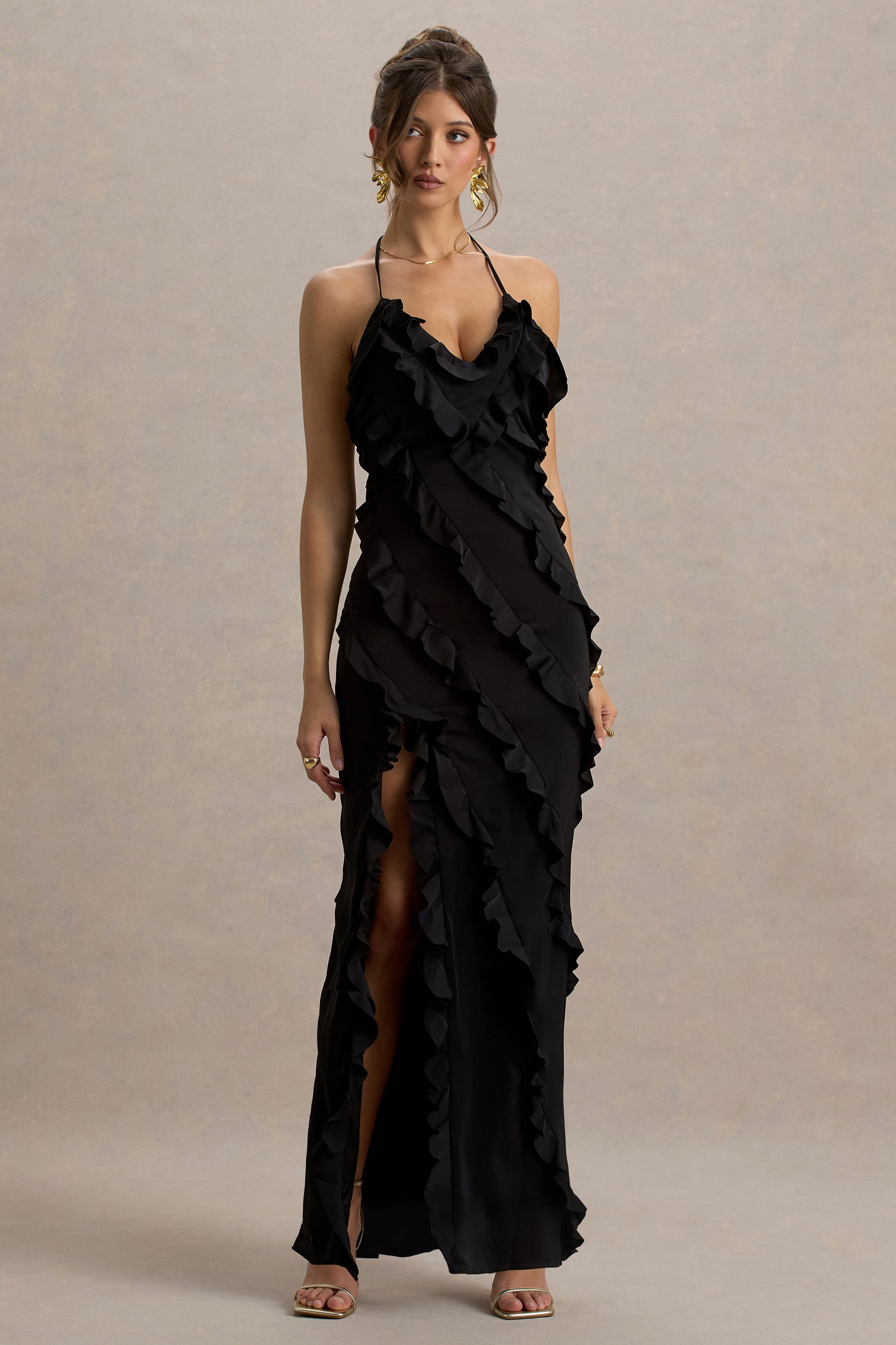 Full On | Black V-Neck Ruffle Maxi Dress