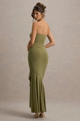 Capria | Olive Green Bandeau Wrap Maxi Dress