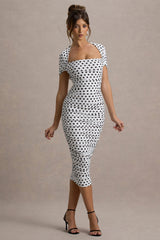 Paxos | White Polka Dot Ruched Short-Sleeve Midi Dress
