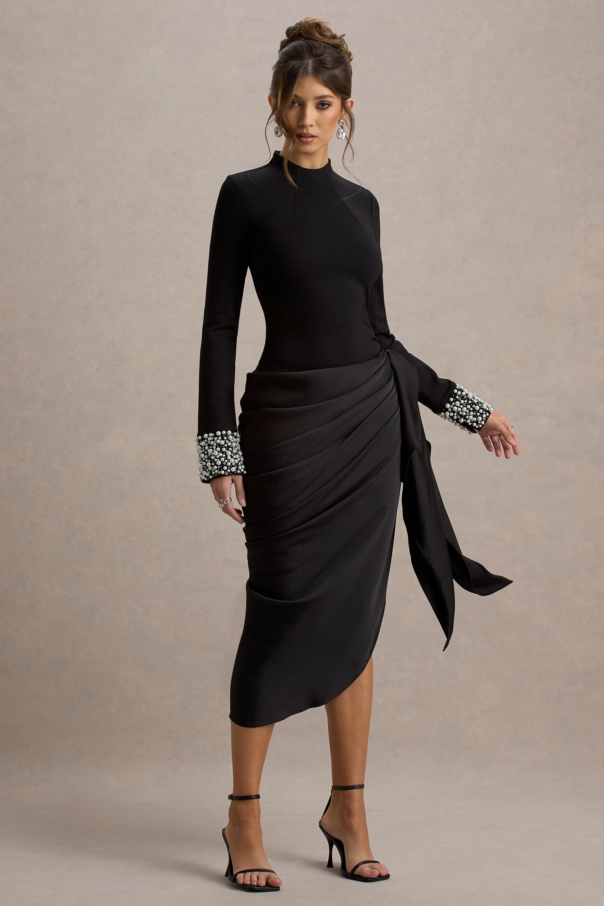 Luanna | Black Satin Long-Sleeve Midi Dress With Draped Skirt