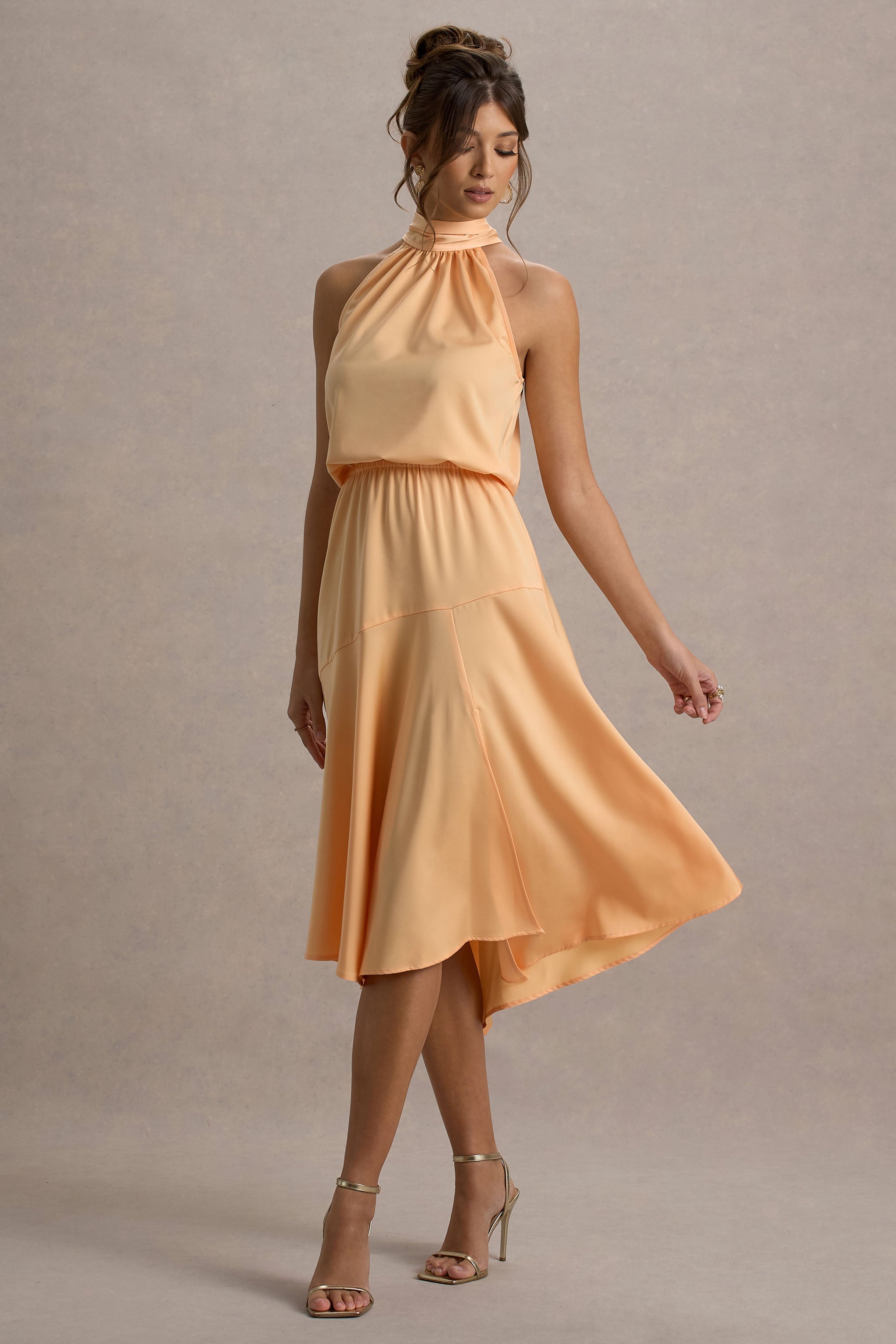 Palonia | Peach Satin High-Neck Split Midi Dress