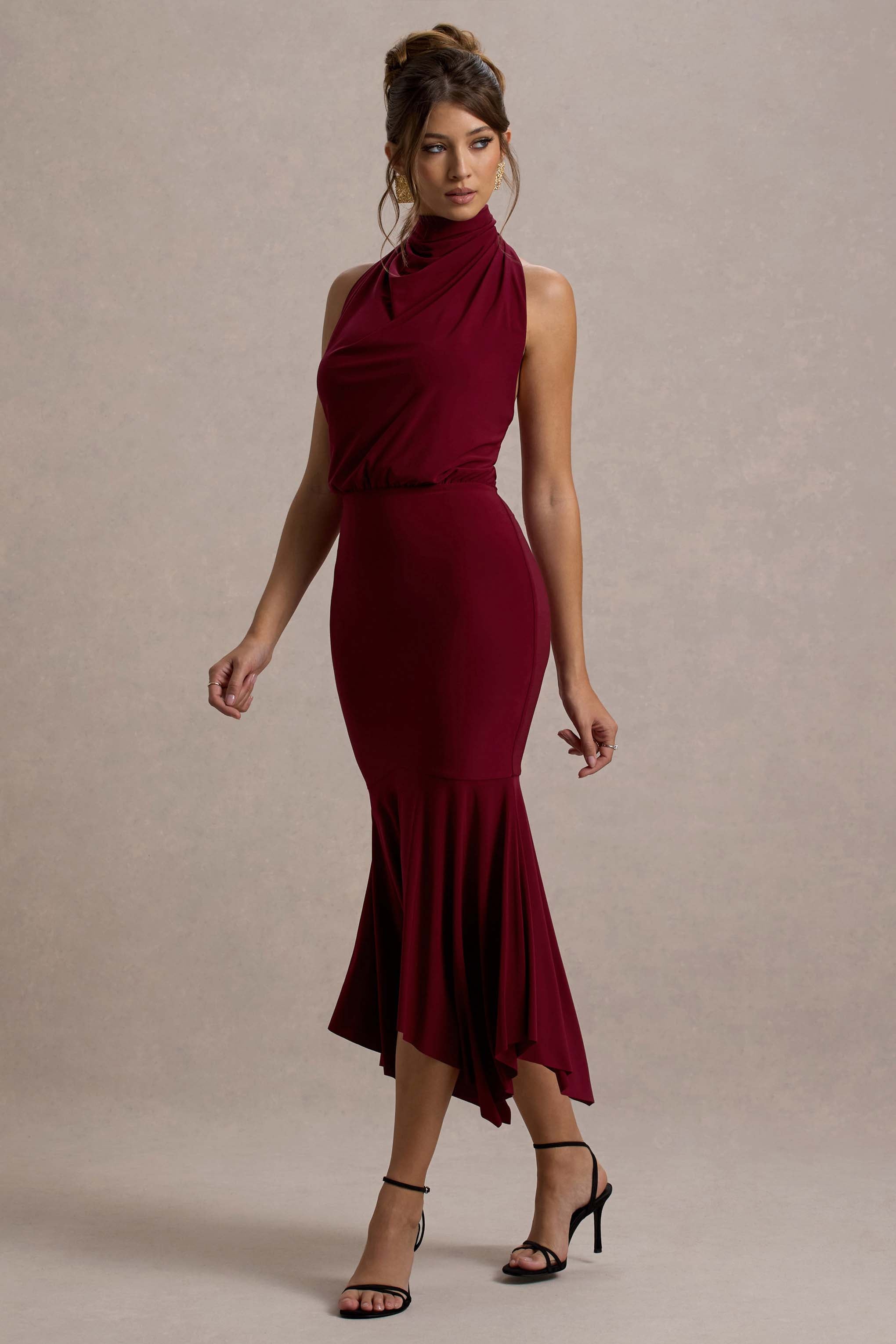 Prianyka | Berry High-Neck Draped Midi Dress