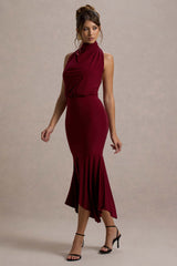 Prianyka | Berry High-Neck Draped Midi Dress