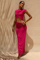Pia | Hot Pink Short-Sleeve Maxi Dress With Cut-Out