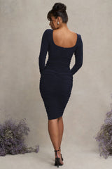 New Life | Navy Maternity Square Neck Ruched Midi Dress