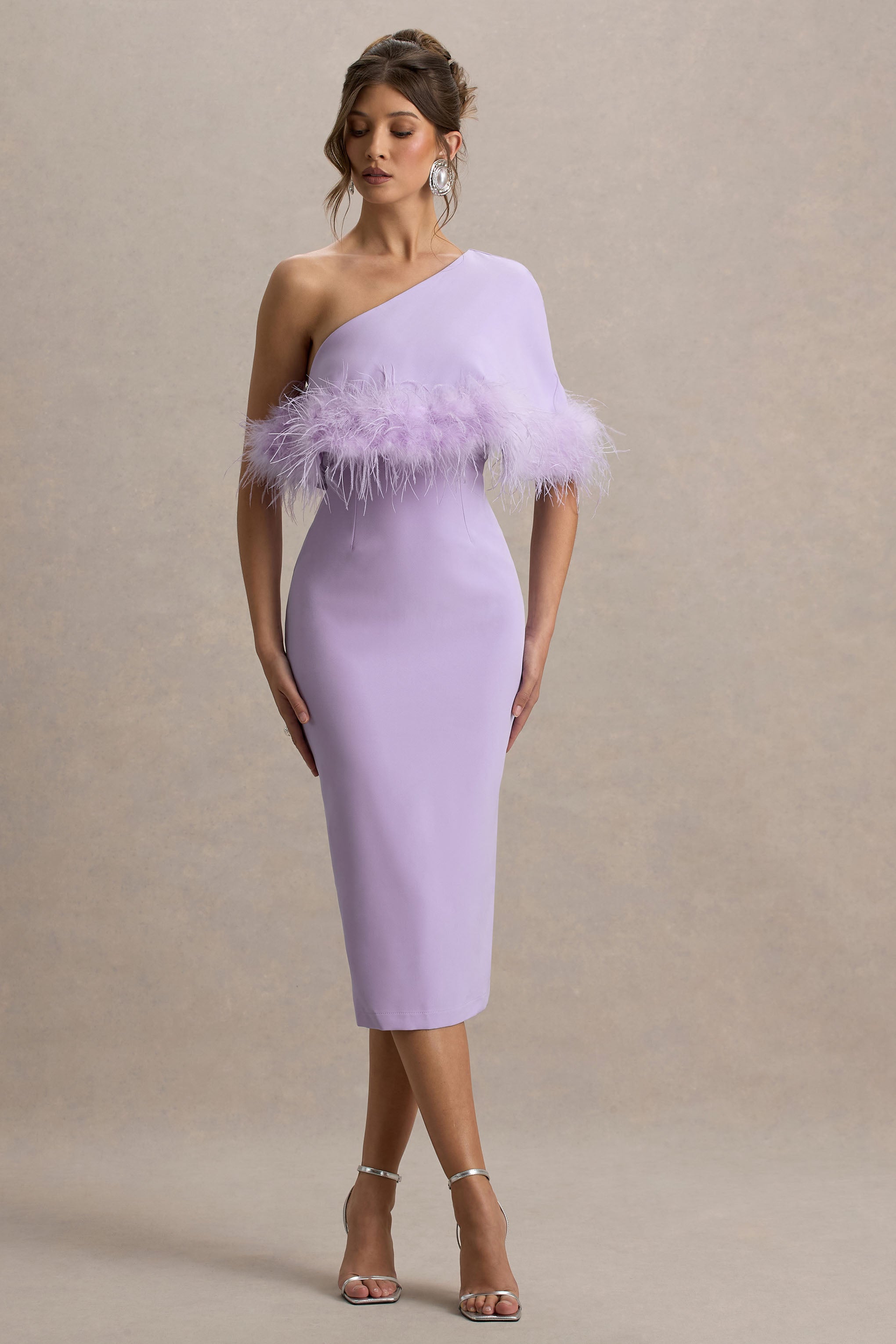 Victory | Lilac One Shoulder Midi Dress With Feather Trim