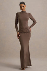 Reid | Brown Long-Sleeve Gathered Maxi Dress
