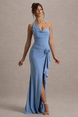 Lucena | Powder Blue Cowl-Neck Wrap Maxi Dress With Floral Drape