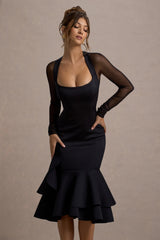 Sander | Black Mesh Long-Sleeve Ruffle-Hem Midi Dress