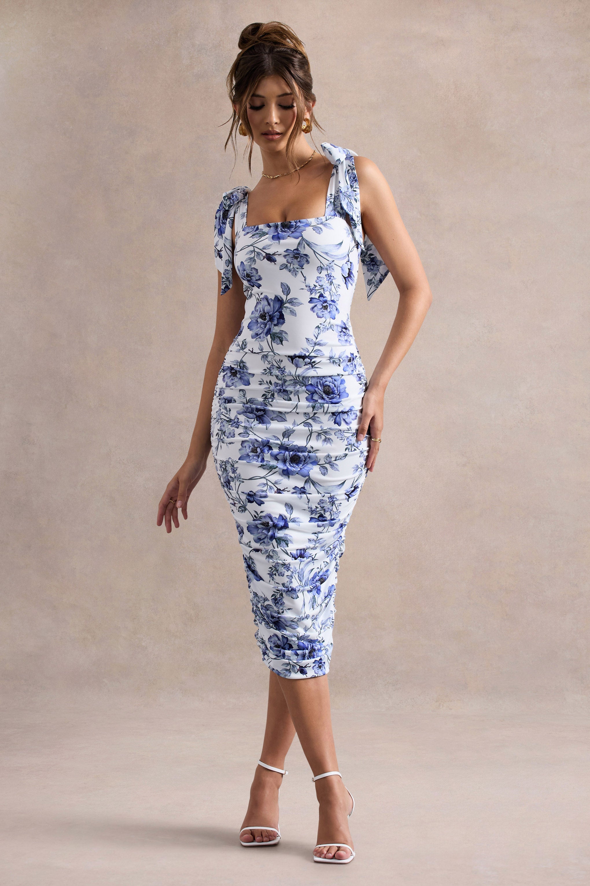Cordelia | Blue Porcelain Print Bodycon Midi Dress With Bow Straps