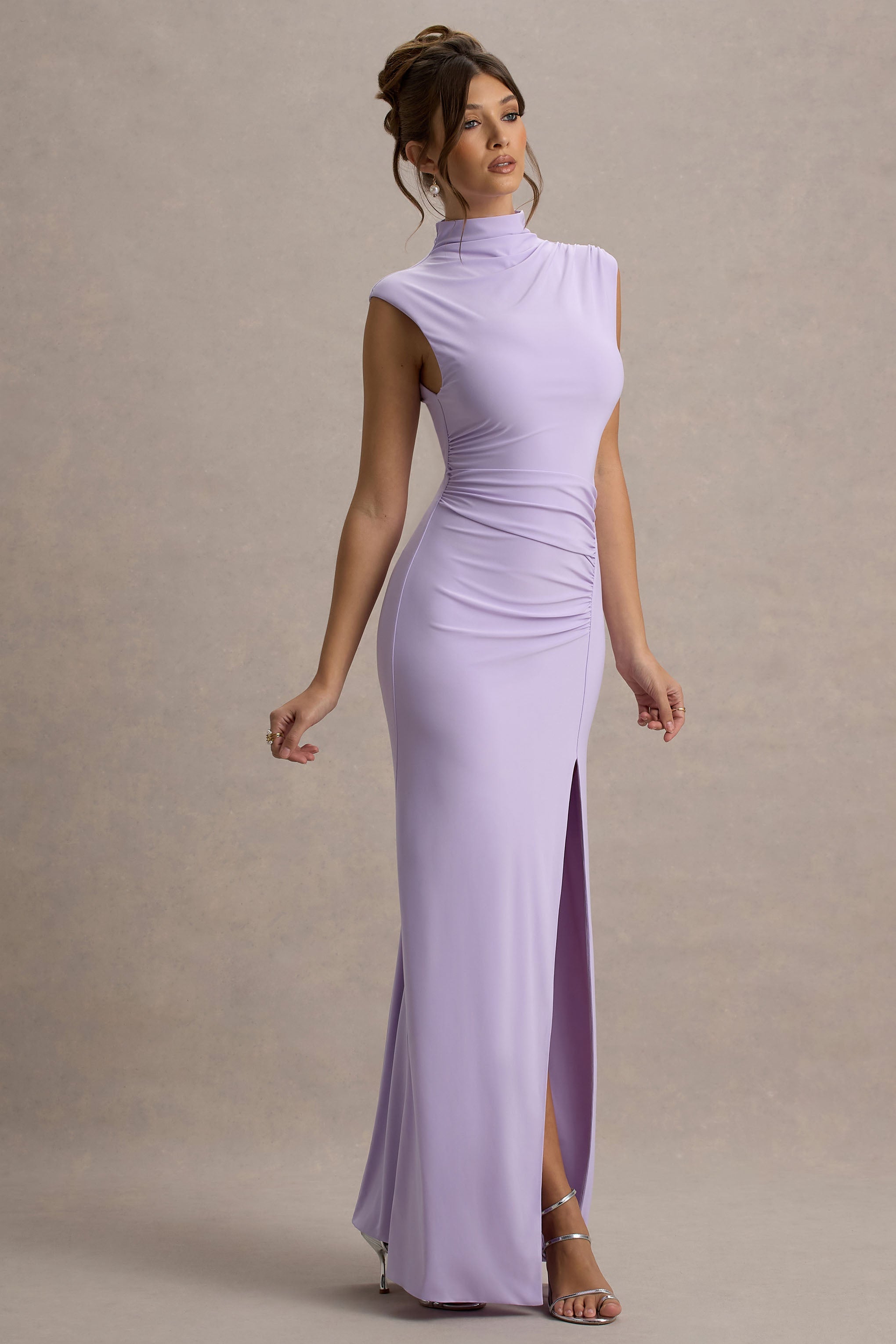 Lanetta | Lilac Ruched High-Neck Maxi Dress With Split