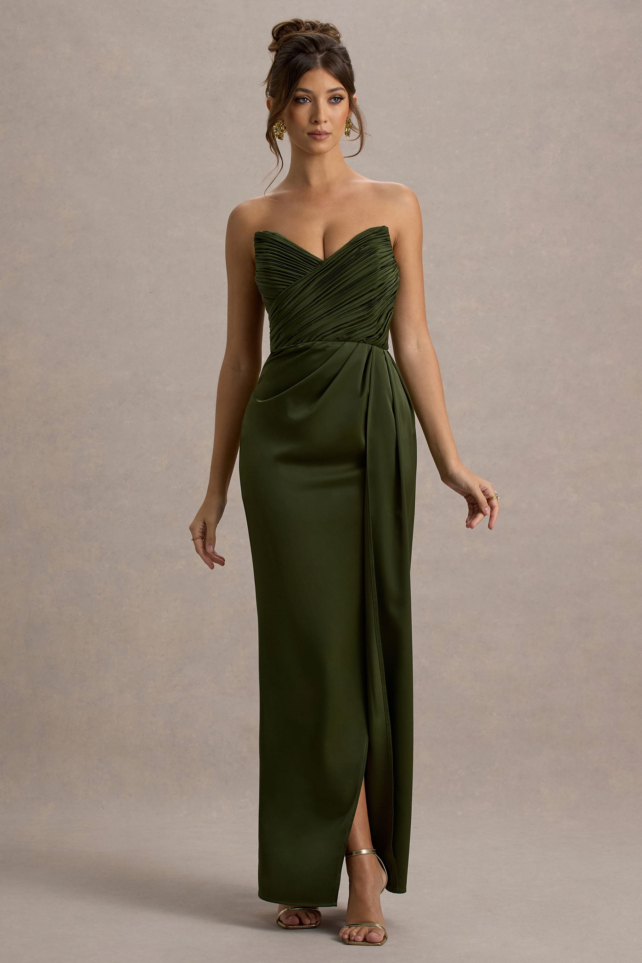 Edel | Olive Satin Strapless Maxi Dress With Drape