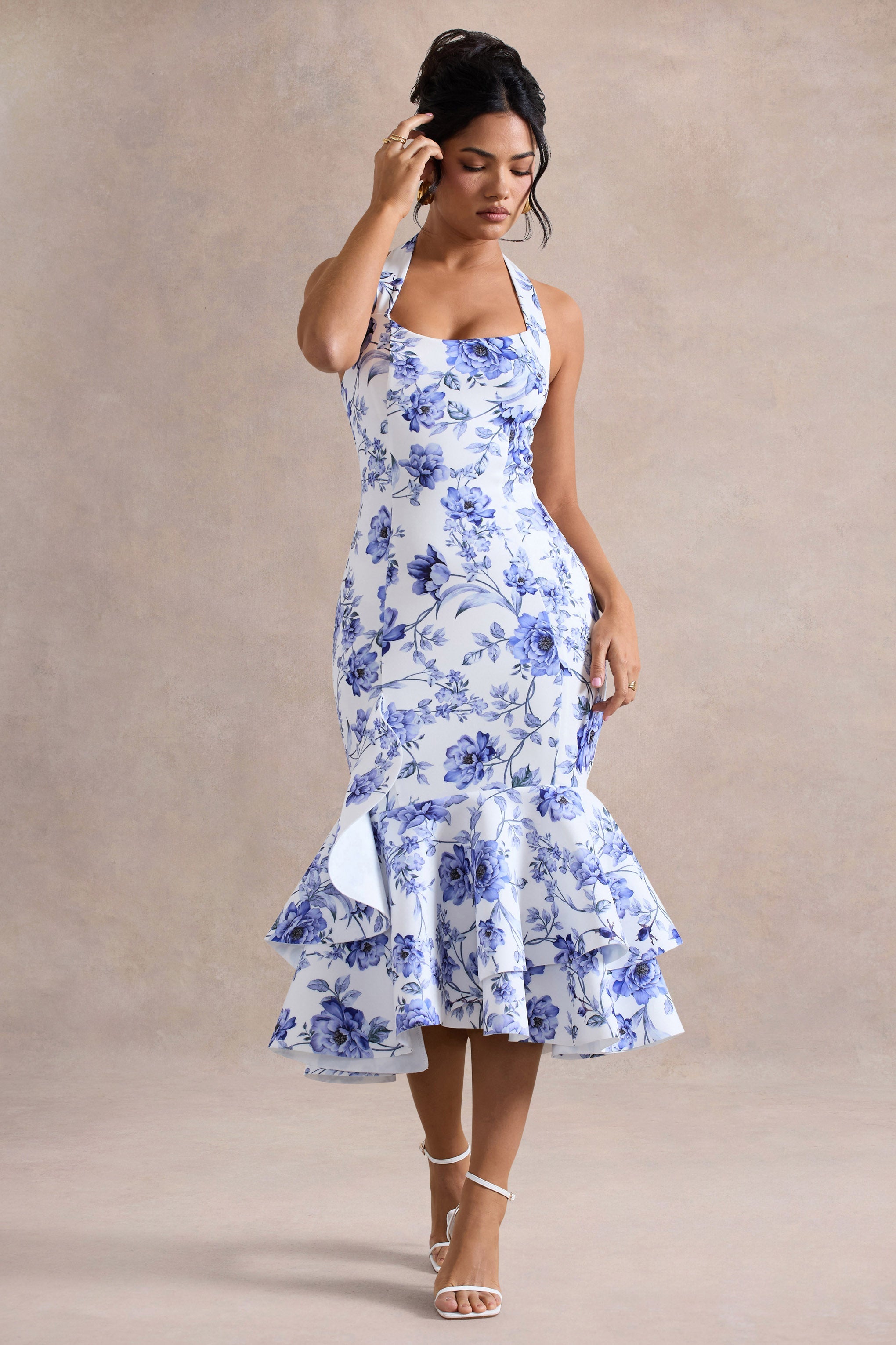 Arla | Blue Floral Halter-Neck Ruffle Trim Midi Dress