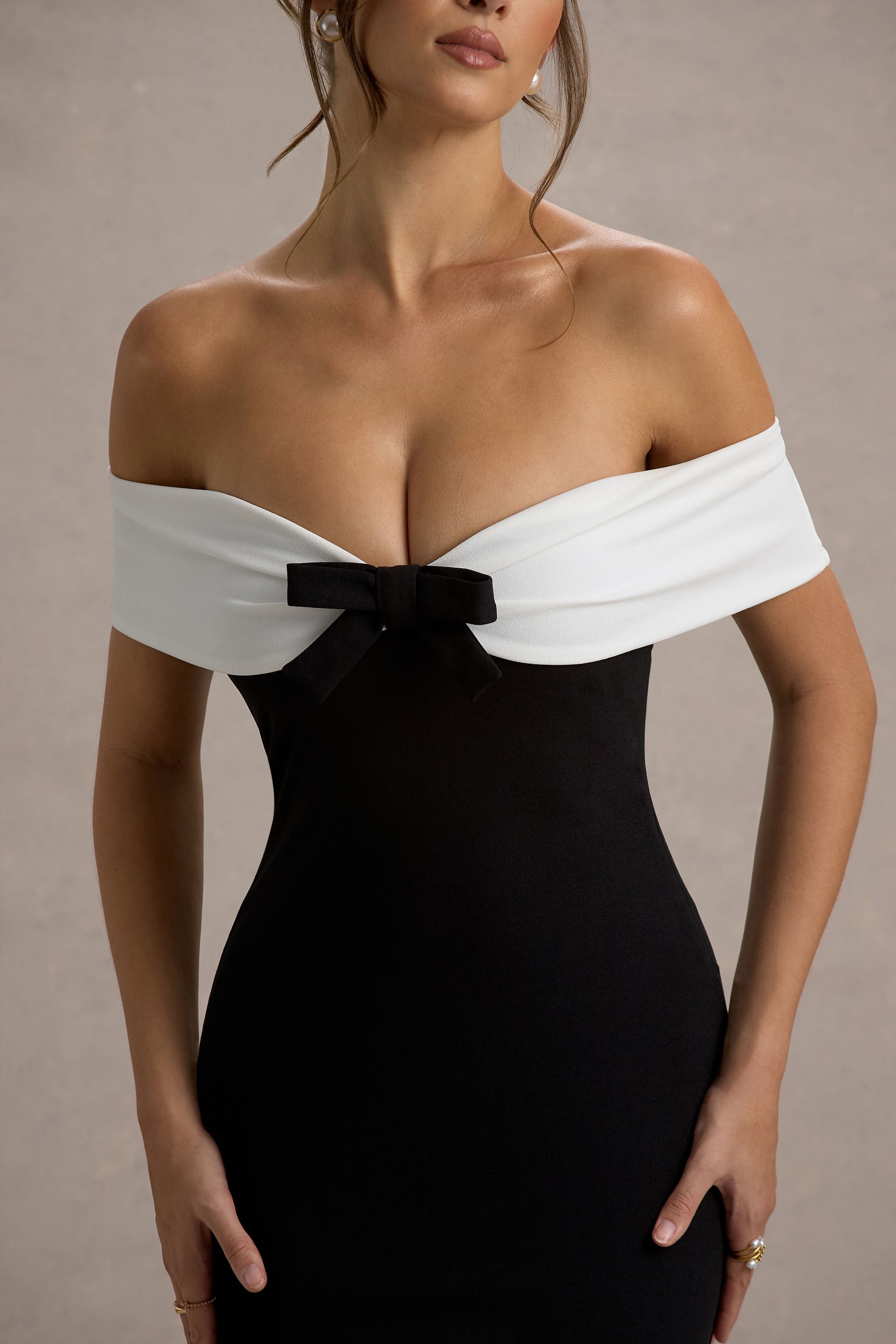 Corola | Black & White Bardot Volume-Hem Midi Dress