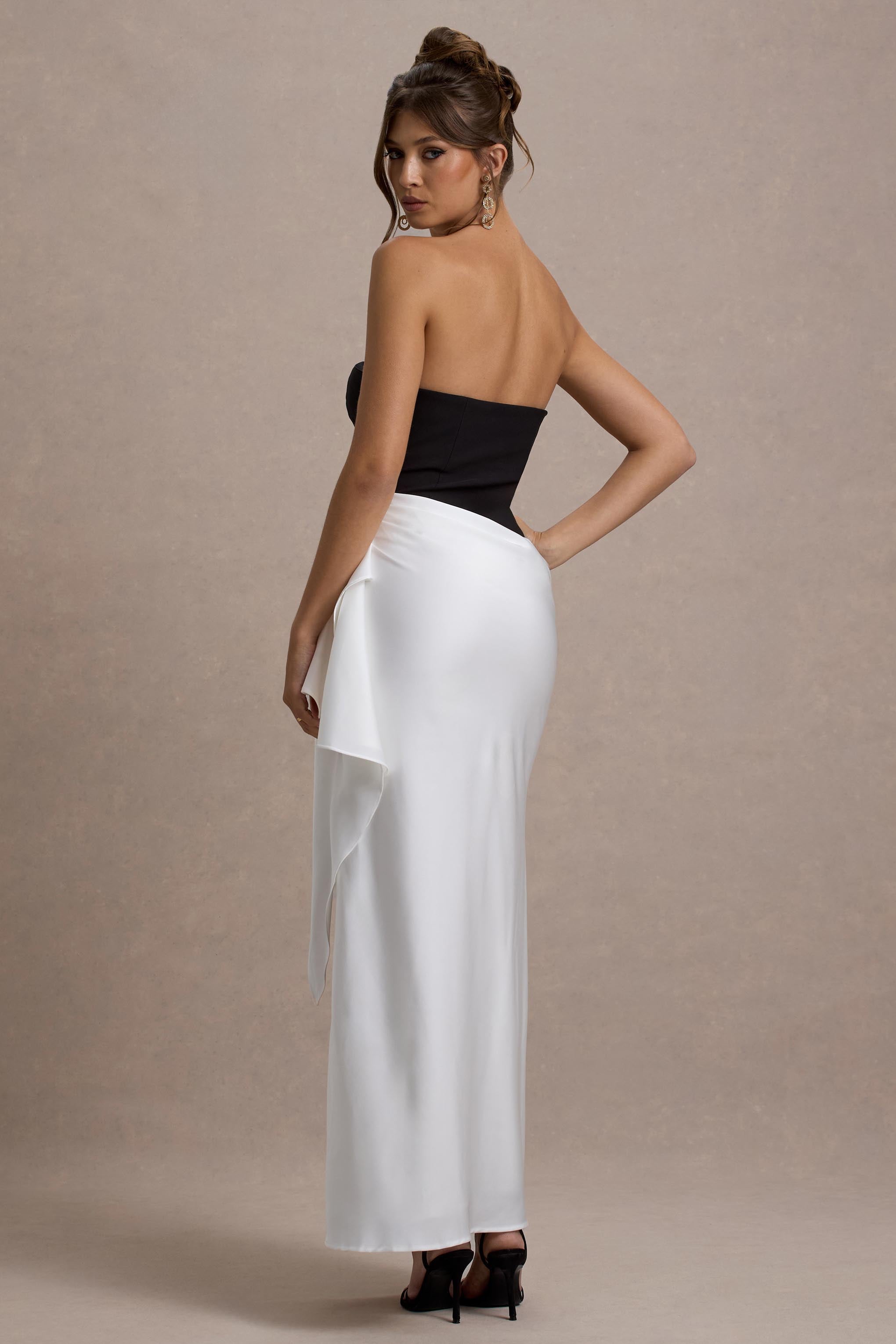 Kalinda | Black And White Strapless Maxi Dress With Draped Skirt