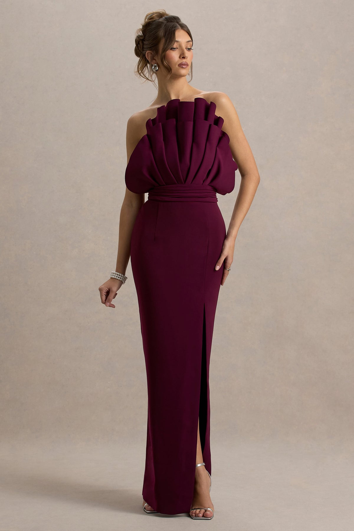 Set The Bar | Plum Ruffled Strapless Split Maxi Dress