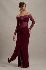 Cover Star | Burgundy Mesh Bardot Long-Sleeve Draped Maxi Dress