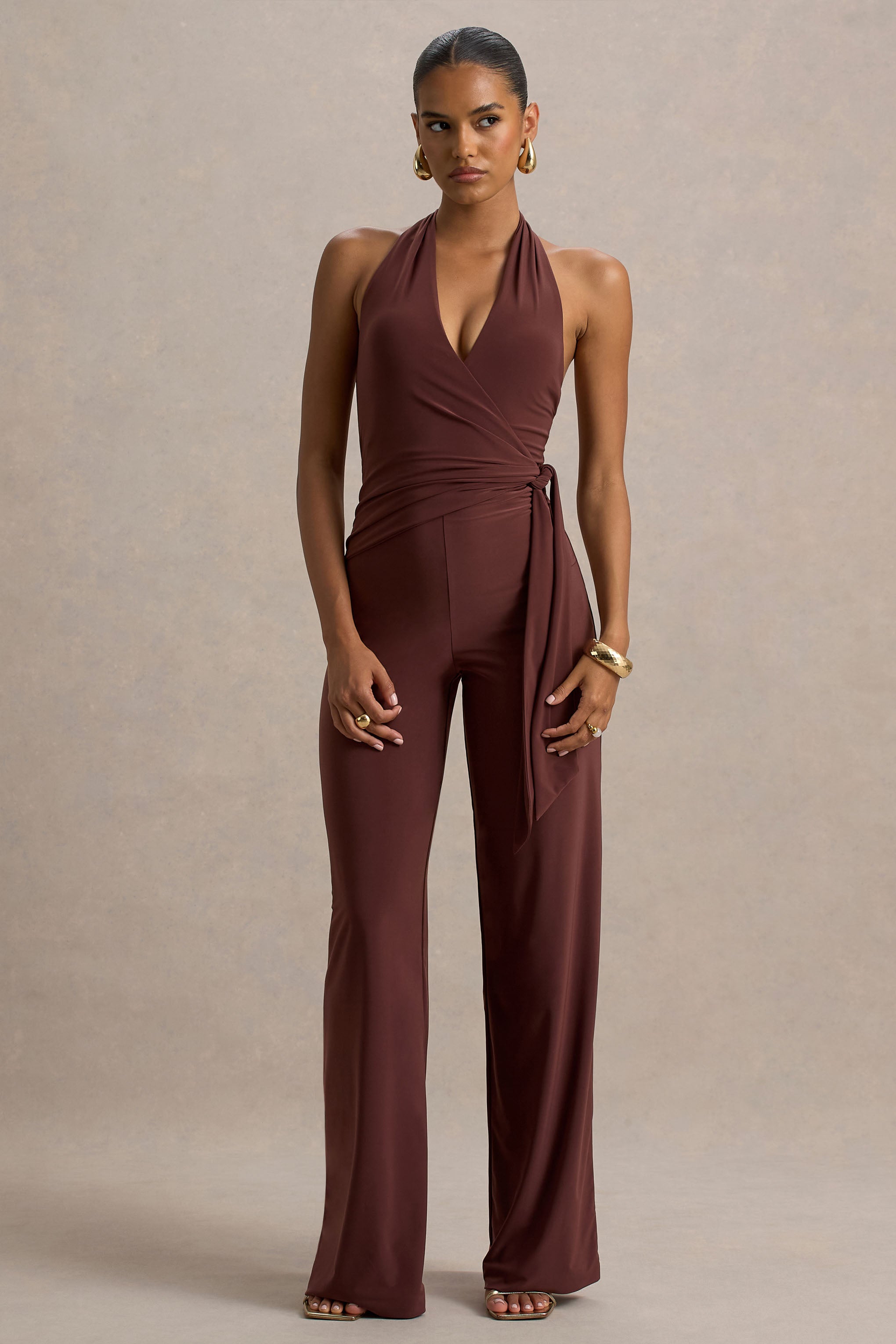 Marlais | Chocolate Plunge-Neck Jumpsuit With Tie-Waist